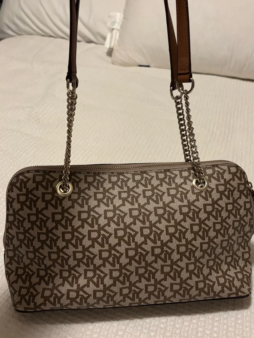 DKNY Brown Tan Monogram Chain-Handle Shoulder Bag